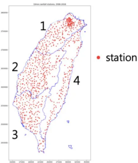 圖 2.1.1.1  台灣本島四大分區及雨量站位置  由過去研究得知，颱風雨是造成台灣地區各流域淹水的主要降雨 型態，其致災降雨延時約為 24 小時，故本研究採用屏東縣淹水潛勢 資料報告[1]中，林邊溪流域 24 小時延時颱風雨無因次設計雨型，如 圖 2.1.1.2 所示。另一方面，本研究以屏東縣淹水潛勢圖第二次更新計 畫[2]中，枋寮站 5 年(336 毫米/日)、25 年(429 毫米/日)、100 年(497 毫米/日)及 500 年(569 毫米/日)重現期降雨量，模擬不同總降雨量在 模擬區域中之淹