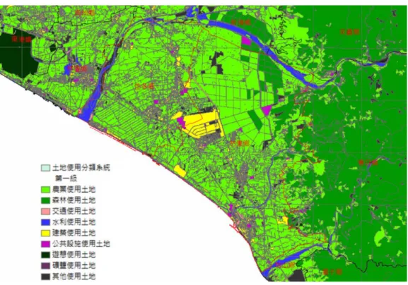 圖 2.1.2.2  屏東縣佳冬鄉及枋寮鄉土地利用  2.1.3  相對地表高程指數計算  為了解地形與致災之關係，研究中以相對地表高程之概念進行地 文特性分析。相對地表高程之計算方法為：  1