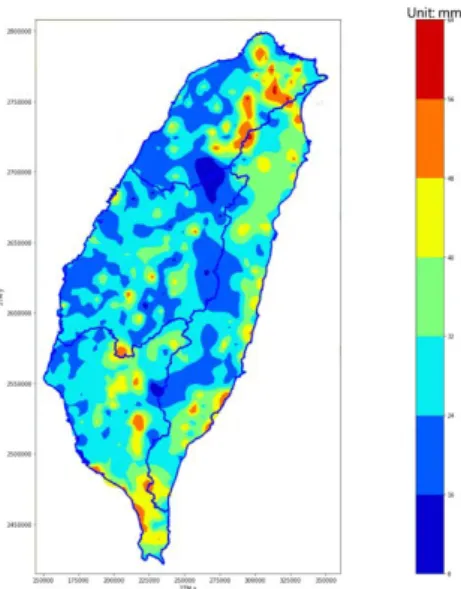 圖 3.1.5  各雨量站記錄中最大 10 分鐘雨量經內插處理後之空間分布圖  由圖中可看出 10 分鐘最大雨量出現最多之空間區位為中部及北 部，其次為南部及東部。而 100 公尺以下之平原地區較 100 公尺以上 之地區之頻率為高。  3.2  致 災暴雨門檻值分析：  台灣之下水道設計一般使用五年設計頻率，部分地方政府由於財 政關係或是地方工程建設之先後考量，會使用三年或是二年之設計頻 率。內政部之下水道設計指南中對於造成都市淹水之原因有相當詳細 之敘述可參考 [4]。圖 3.2.1、3.2.2 及 3
