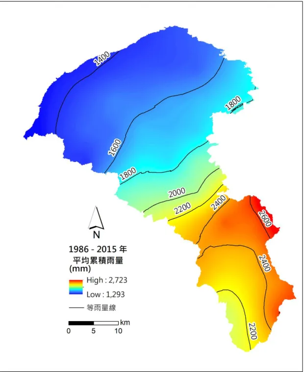 圖 5  桃園市 1986 至 2015 年間平均累積雨量分布圖（翁叔平等，2018） 