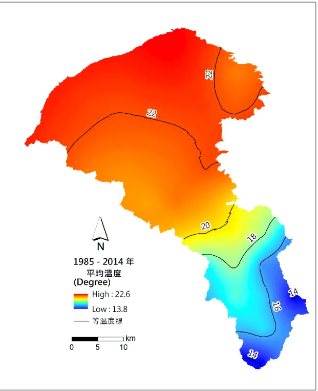 圖 6  桃園市 1985 至 2014 年間平均溫度分布圖（翁叔平等，2018） 