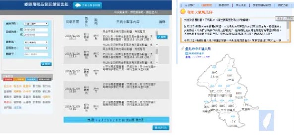 圖 6.30、鄉鎮預報品質回饋留言板頁面            圖 6.31、在地報馬仔  （六）  為落實防災氣象資訊整合，於 102 年完成建構颱風複合式防災資 訊播報環境。有效整合氣象、水象、土象及公路交通防災訊息，透過 颱風記者會，即時傳播複合式防災資訊，以提供防救災單位及民眾參 考(圖 6.32)。          圖 6.32、颱風複合式防災資訊播報環境  柒、  跨部會協調或與相關計畫之配合  本計畫為自 100 年開始執行之計畫，以 4 年的時間針對臺灣、澎 湖、金門、馬祖等地，應用氣象局