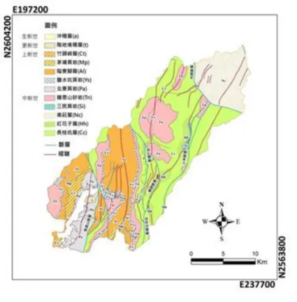 圖  4.2.4 曾文水庫上游集水區之地質分布 