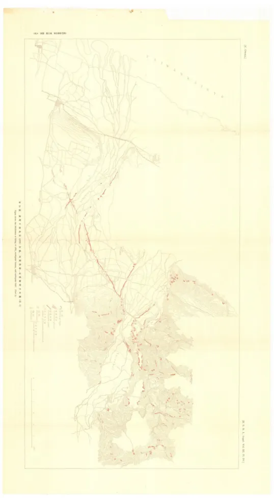 圖 2-1、臺灣中部地震（1935）崖崩、地震裂隙、屯子腳地震斷層分布圖（大塜                彌之助，1936） 。 