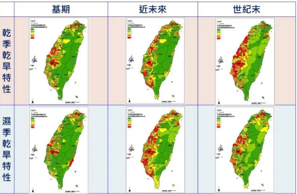 圖 14 公共用水乾旱風險圖  3.  應科平台圖資展示（淹水圖資）          配合應科平台成果展示，於 5/30 日於應科成果發表會，以淹水風險圖為 案例展示規劃之氣候變遷風險圖展示平台。  [L04-3]氣候變遷調適工具與政策推動  本工作項目重點在於強化氣候變遷科學研究與相關調適政策推動間的連結， 希望藉由整合氣候變遷衝擊風險之科學資訊以協助制定並執行調適政策，藉此強 化我國調適能力，並降低氣候變遷衝擊之災害風險，本年度具體成果陳述如下：  (1)  完成「國家氣候變遷調適行動方案─災害領域行