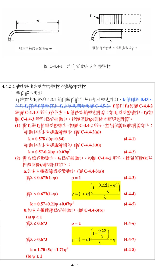 圖 C-4.4-1 均布受壓之未加勁肢材 4.4.2 具應力坡度之未加勁肢材及邊緣加勁材 1. 載重能力考量 有效寬度(b)依第 4.3.1 節內載重能力考量部分規定計算，k 值則取 0.43， 並以 f 3 替代 f 值計算之，f 3 之定義請參考圖 C-4.5-2。 f 值以 f 1 (如圖 C-4.4-2 與圖 C-4.4-3 所示)替代之，k 值依本節規定計算；如 f 1 為受壓應力，f 2 (如 圖 C-4.4-3 所示)為受拉應力，折減係數()則依本節規定計算。 (1) 當 f 1 與 f 2