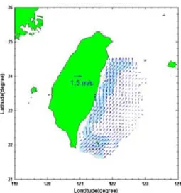 圖 1-1.9 台灣東部海面近全年(2011/12~2012/7)平均流速分布                                            各月份平均流場如圖 1-1.10，2012 年 1 月較強流速區位於蘭嶼 東側海域，台灣東部沿岸的流速較為微弱，此流速較強區域的北側約 23。N、122.4。E 對存在弱環流跡象。2012 年 2 月環流普遍較 1 月為強， 水流在蘭嶼與綠島間的地形深槽產生轉折的跡象較為明顯，前述弱環流 跡象消失不見。2012 年 3 月沿岸分支的流速更較 2