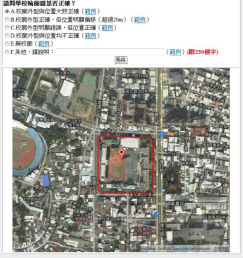 圖 3  學校輪廓圖線上檢核工作  學校 範圍 F1：一日累積降雨200毫米可能淹水範圍F2：一日累積降雨350毫米可能淹水範圍若學校範圍與淹水範圍F1有部份重疊 則表示學校在一日累積降雨達200毫米可能發生淹水[符合此關係學校] →高潛勢學校 若學校範圍與淹水範圍F2有部份重疊 則表示學校在一日累積降雨達350毫米可能發生淹水 [符合此關係學校] 扣除 [高潛勢學校] →中潛勢學校 透過內政部數位地籍圖資建立之學校外廓圖層學校範圍設定：淹水範圍 圖 4  學校與淹水潛勢圖套疊分析示意 圖3  學校輪廓圖線