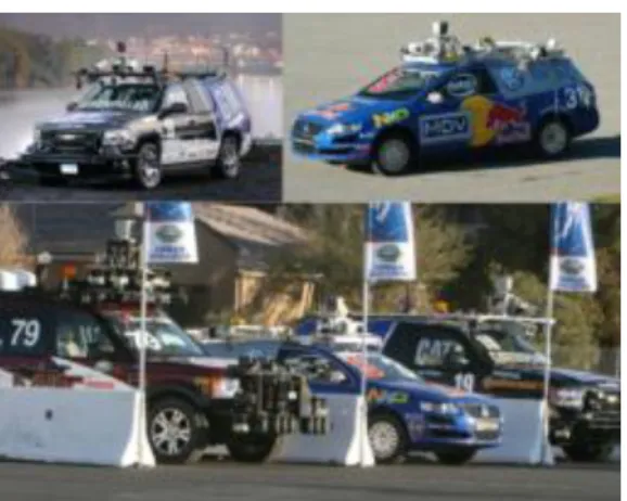 圖 2. 22  自動車：Boss(左)、Junior(右)、Talos(下圖左)  (摘自 DARPA, 2007)  目前 Google  公司利用圖 2.23 中 Stanley 平台技術已發展出共有 7 輛原型自走車，分別已在完全自動駕駛的情況下，至少行駛逾 14 萬英里(超過 22.5 萬公里)路程。  圖 2