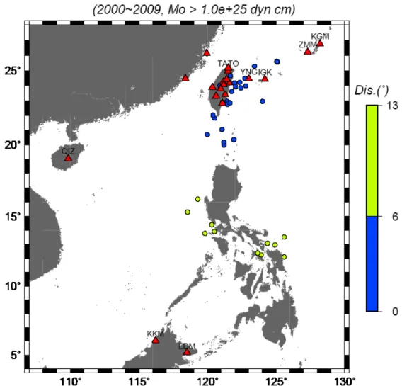 Figure 2: SCS earthquakes (circles) between 2000 and 2009 sorted out for W phase  inversion