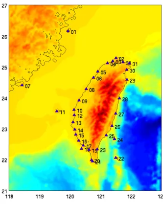 Figure 9: Locations of 32 CWB tidal stations where we set up virtual stations to  record unit tsunamis