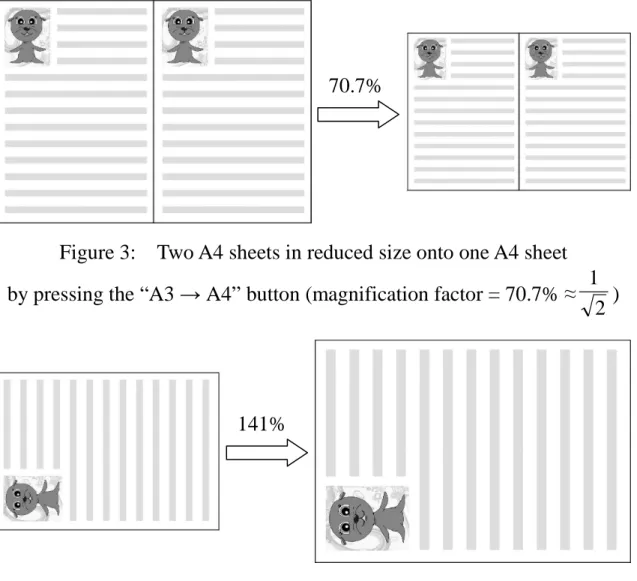Figure 3:    Two A4 sheets in reduced size onto one A4 sheet  by pressing the “A3 → A4” button (magnification factor = 70.7% ≈