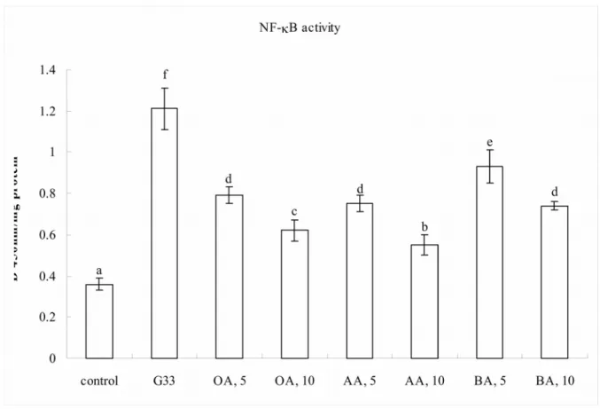 Figure 4.  Effect of OA, AA  or  BA  upon NF-B activity (a), expression of NF-B and MAPK (b)