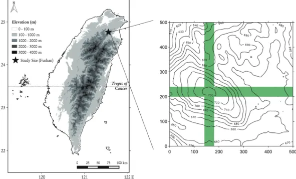 Fig. 1. Location map of the Fushan Forest Dynamics Plot and the 3.84-ha survey area (in  green) in the plot