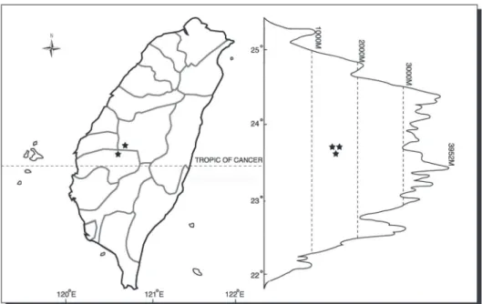 Fig. 3. Distribution map of Viola kwangtungensis in Taiwan. Each star represents a  distribution location.