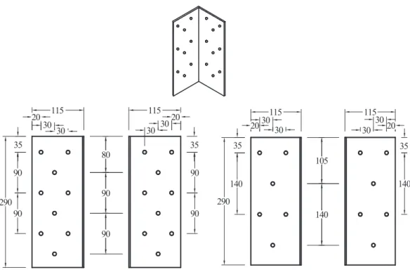 Fig. 3. Design of L-type aluminum alloy connectors with 18 (left) and 12 (right) 8-mm self- self-tapping screws (units: mm).