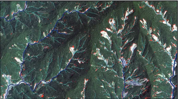 Fig. 11 (A). Background picture which is a part of the FS2 pan-sharpened image in 2011,  with red parches indicating increased landslide and bare areas from 2009 to 2011