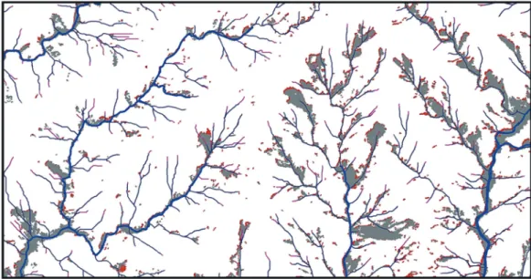 Fig. 11 (B). Gray patches indicating landslide and bare areas after Typhoon Morakot. Red  patches indicate increased landslide and bare areas from 2009 to 2011