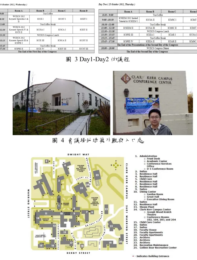 圖  3 Day1-Day2 的議程  圖  4  會議場地建築外觀與入口處  圖  5  會議場地與校區平面配置圖  會議接待人員為主要來自 UC Berkeley 的博士生(圖  6)，同時在大會會場擺置了 20 多項論文出版品，這些出版品主要由 IAENG 以及 Springer 所發行，涵蓋電子、電機、 資訊等工程領域，提供給參與者閱讀與購買。三天的會議皆有自助式午餐，使用場 地為 UC Berkeley 的教職員招待所(圖  7 與圖  8)，第二天晚上備有晚宴供參加的學者 一同交流。 