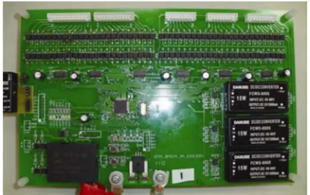 圖 26  24 組電芯串聯而成之 72 V 搭配多工器控制的電池 管理系統  圖 27 72 V 電池管理系統之即時電壓顯示系統 池管理系統上之各主動式平衡互補電路模組平衡後之結 果。  四、結  論 本文開發完成串聯電池主動式互補平衡電路，達成高 效率高平衡電流之目標，並且與已知各種不同串聯電池平 衡電路比較，平衡完成速度將提高 10 倍以上。本研究以光 繼電器建置全域式切換開關，以隔離型降壓式 DC-DC 電 源轉換器做為能源轉換及平衡充電電源，可達成平衡電流 最高 3 A 及能源轉換效率最高 82%