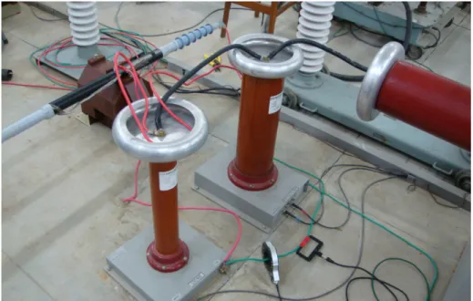 圖 3-6 高壓室內電纜實際量測環境  3.3.2  局部放電檢測器  本檢測利用德國 LDIC 公司研製之商業化 LDP-5 局部放電檢測器來檢測 XLPE 電力電纜局部放電的信號，此設備外觀如圖 3-7 所示。其優點包括靈敏度可達 0.05pC、 體積小適合戶外在線量測、依照量測對象不同可選用不同感測器。本檢測選用電感 型感測器(L sensor)量測電力電纜遮蔽銅線上電流，當局部放電發生時，遮蔽銅線會 有電流流過，電感型感測器會感應遮蔽銅線附近磁場的變化，LDP-5 會將此信號轉 為正向的電流脈衝信號