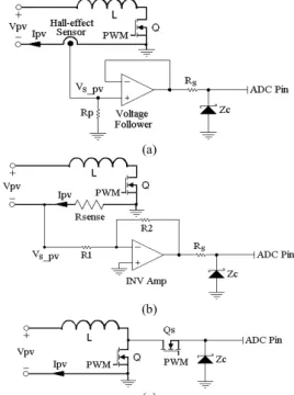 Figure 6 a) Hall-effect sensor b) current-sensing resistor and c) R ds(on)  current- current-sensing circuits 