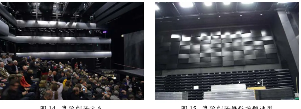 圖 14.  實驗劇場室內  圖 15.  實驗劇場擴散牆體造型          本案是個成功參與型的設計結合當地藝術家附近廠房的造船工人以及專業表演 團體人員最後由建築師來整合所有不同單位的需求。建築師相當尊重地域性的特色 及附近建築體天際線的觀念，讓最後呈現出來的大量體表演中心並不會很突兀的植 入，反而讓一般民眾相當容易走進去慢慢的再購票去看看劇院盒子裡面表演，自然 的培養出欣賞藝文表演成為生活中的一部分。台灣目前的幾個大型表演中心若亦能 多加入親和性的考量，讓國際或台灣的傳統表演都能慢慢拉近與一般民