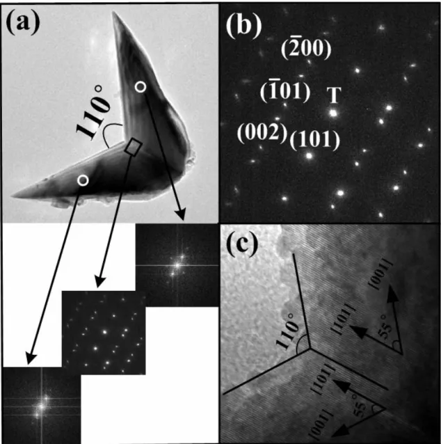 Fig. 3. (a) The TEM image of a free standing V-shaped IrO 2  NW with SAED patterns showing the  junction and the arms; (b) the SAED pattern along the [010] zone axis of the junction; (c) the HRTEM  images in the vicinity of the V-shaped junction regime