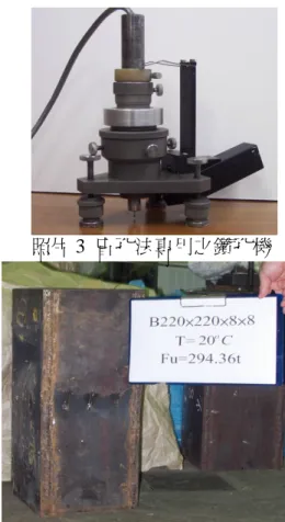 圖 3  耐火鋼在常溫及高溫下之力與位移圖                照片 3  盲孔法專用之鑽孔機        照片 1  耐火鋼在常溫下局部挫屈情形  照片 2  耐火鋼在高溫下局部挫屈情形 