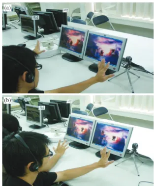Fig. 3  (a), (b) Two computers are connected via Internet  Network.    Two puppets are shown in each LCD  at the same time and they are controlled by two  people using their palm movements 