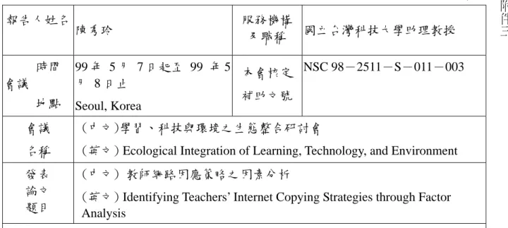 表 Y04  行政院國家科學委員會補助國內專家學者出席國際學術會議報告                                                              99 年 5 月 20 日 報告人姓名 陳秀玲 服務機構及職稱 國立台灣科技大學助理教授      時間 會議      地點 99 年  5 月  7 日起至 99 年 5月  8 日止 Seoul, Korea 本會核定補助文號NSC 98－2511－S－011－003 會議 名稱  (中文)學習、科技與環境之生