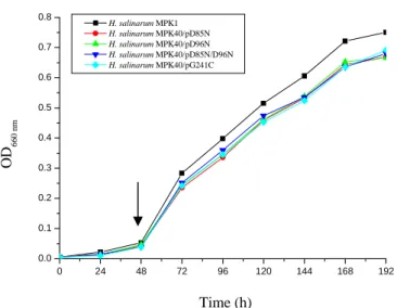 Fig. 5-17 H. salinarum MPK1 與突變菌株 H. salinarum MPK40/pD85N、MPK40/pD96N、
