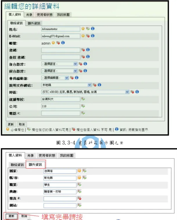 圖 3.3-4 會員功能展示圖之四  圖 3.3-5 會員功能展示圖之五  Step 3：點選「肖像」頁籤，在此更換您的大頭貼。  有兩種方式：  A.自行上傳  首先在下拉選單中選擇「上傳新的個人個人資料影像」 ，並點擊