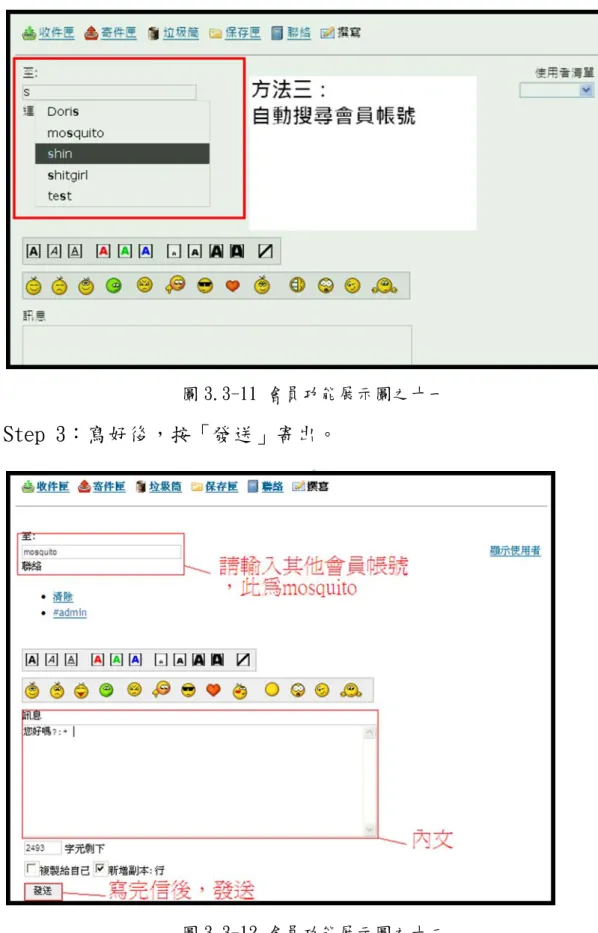 圖 3.3-11 會員功能展示圖之十一  Step 3：寫好後，按「發送」寄出。 