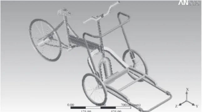 圖 4  親子型腳踏車之立體圖  圖 5  親子型腳踏車連接處之放大立體圖  使 用 ANSYS 拓 樸 最 佳 化 來 分 析 椎 間 融 合 器  (spinal  cage)，由此趨勢設計出一新式椎間融合器，重量減輕了 36%，達到輕量化的目標。2008 年 Hsu 等人[9]以 ANSYS 建立足部三維模型與不同形狀模型鞋墊，並探討足底筋膜 和跟骨接合處的作用力，以設計出對腳部負擔小的鞋墊。  本研究因此採用有限元素分析軟體 ANSYS 來分析親 子型腳踏車，至於在元素的選取方面，本研究將採用角柱 