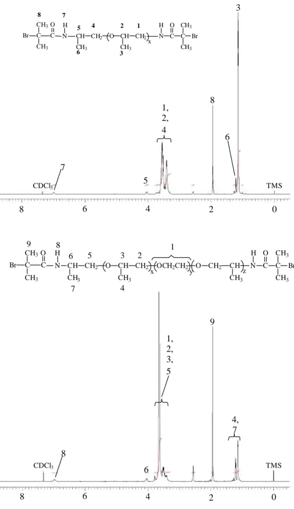 Figure 3. The  1 H-NMR  spectrum (500 MHz) of  Br-D2000-Br and Br-ED2003-Br  in  CDCl 3  at ambient temperature