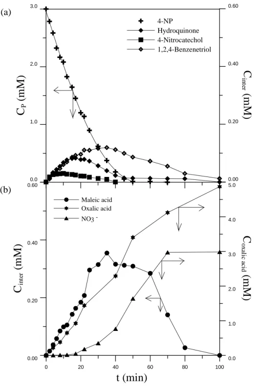 Fig. 4.1-6 The distribution of intermediate products during the ozonation of  4-NP at pH 7 (a) 4-NP, hydroquinone, 4-nitrocatechol and 1,2,4-benzenetriol  (b) maleic acid, NO 3 -  and oxalic acid (C P0  = 3 mM, Q g  = 210 NL/h, N = 1500  min -1 ,  C O ,i 3