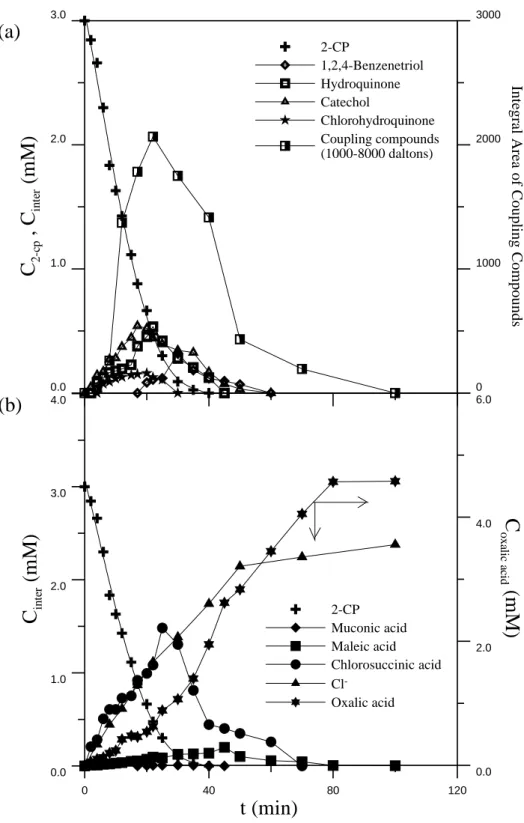 Fig. 4.1-7 The distribution of intermediate products during the ozonation of  2-CP at pH 7 (a) aromatic compounds (b) organic acids (C P0  = 3 mM, Q g  =  210 NL/h, N = 1500 min -1 ,  C O ,i 3  = 20  ±  0.1 mg/NL)