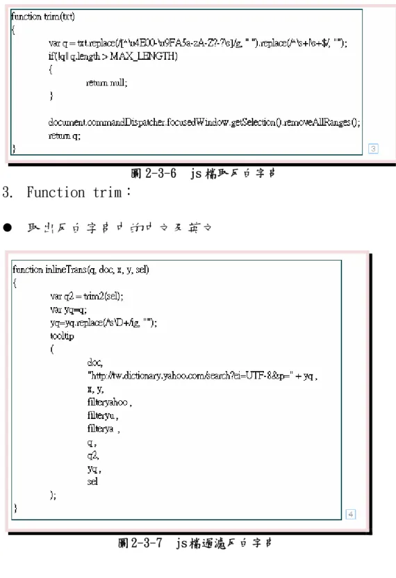 圖 2-3-6  js 檔取反白字串  3.  Function trim：  z  取出反白字串中的中文及英文  圖 2-3-7  js 檔過濾反白字串 4.  function inlineTrans：  z  q2：取反白字串中的中文、英文與數字  z  yq：取反白字串中第一個空白之前的字 