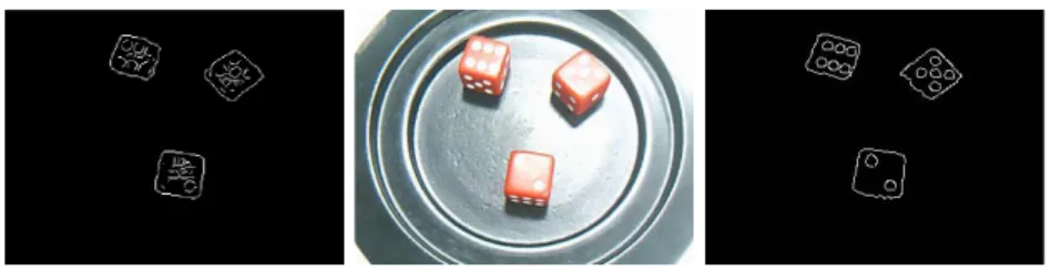 Fig. 1. Middle: specular reflection on the dices; Left: the edge map obtained by previous methods; Right: the edge map obtained by the proposed method.