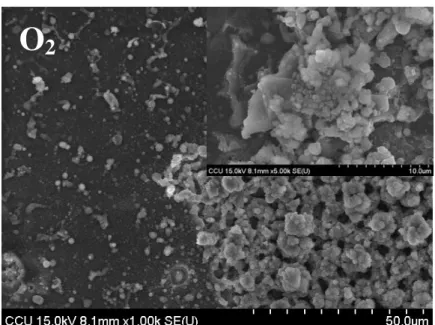 圖 4-3 閘極金屬間距為 0.5 mm，經由量測大氣、氮氣和氧氣後之奈米鑽石薄 膜表面形態 