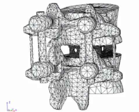圖 1 塊狀型椎籠(block cage)  圖 4 塊狀型椎籠並結合後方固定器使用 有限元素網格模型  圖 2 目前已使用在臨床上之圓柱 型椎籠（BAK cage)  圖 5 圓柱型椎龍單獨使用時之有限 元素網格模型  圖 3 塊狀型椎籠單獨使用時之有限 元素網格模型  圖 6 圓柱型椎籠並結合後方固定器使用之有限元素網格模型 