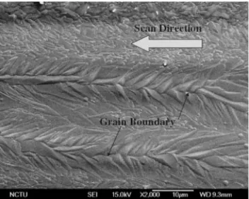 Figure 1 shows an SEM image of the  crystallized poly-Si films fabricated by CLC  with a laser energy of 4.1W at a rate of 10.5 cm/s  in parallel traces