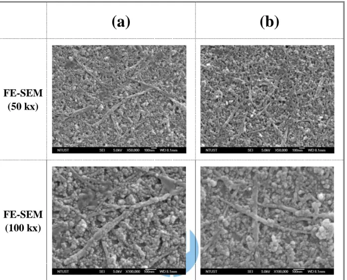 圖 5-14  P4VP  在 P4VP/glass  板上濃度為  (a)  3.32  μmol/cm 2   及  (b)  5.04  μmol/cm 2  下 所 製 備 之 C-SWNT/P4VP/glass 基 板 之 FE-SEM 圖。  (a)  (b) FE-SEM(50 kx) FE-SEM(100 kx) 