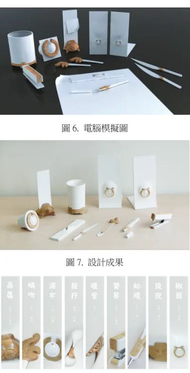 圖 6.  電腦模擬圖  圖 7.  設計成果  圖 8  設計成果  4.2  斗拱系列  4.2.1  設計概念  斗拱構造為中國式建築的特色，組成上使建築產生堆疊、層次的獨特美感，簡單的斗拱結 構，能適度地集中橫展屋簷的重量到垂直的立柱上；然而隨著時代的發展，建築材料趨於強化 而減輕斗拱在建築結構上之重要性。自宋朝起，斗拱的支撐作用逐漸減少，發展至明、清之後， 斗拱的裝飾性更已重於機能性，成為屋上一種重要的裝飾，時至今日，現代的廟宇開始使用現 代化建材，在結構上都已非常堅固，斗拱已然成為了裝飾性構造。
