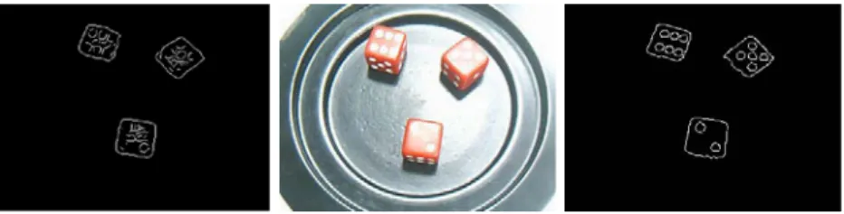 Fig. 1. Middle: specular reﬂection on the dice; Left: the edge map obtained by previous methods; Right: the edge map obtained by the proposed method
