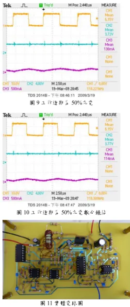 圖 9 工作週期為 50%充電  圖 10 工作週期為 50%充電數分鐘後  圖 11 實體電路圖  b.  獨立型太陽能發電設備：  在一般日照時段，電池充電器的部份不斷的以 擾動觀察法進行最大功率追蹤來從太陽能板上取 得最大的輸出功率，圖 12 為太陽能板在照度改變 時的最大功率點變化曲線圖。當負載所需能量較太 陽能板所提供的能量小時，太陽能板的多餘能量便 開始對電池充電；相對的，當輸出負載所需功率較 大時，則由電池以及太陽能板一起提供能量。  圖 12  改變照度時最大功率點曲線圖  由於電池上的電壓