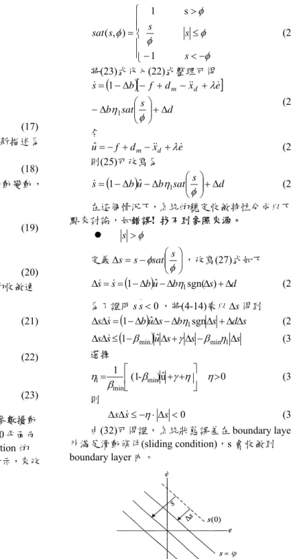 圖 8 狀態朝向滑動平面趨近  已知系統動態方程式(16)式【7】【8】：  ( )xt u f dbx &amp;&amp; = m , − +            (17)  而系統所產生的不確定項，可將系統重新描述為 可變結構系統(variable structure)表示如下  ddfubbx &amp;&amp; = ( m ⋅ Δ ) − + m + Δ             (18)  其中 Δ b 為系統參數變動， Δ 為外部擾動變動，d 假設界限值如下                 