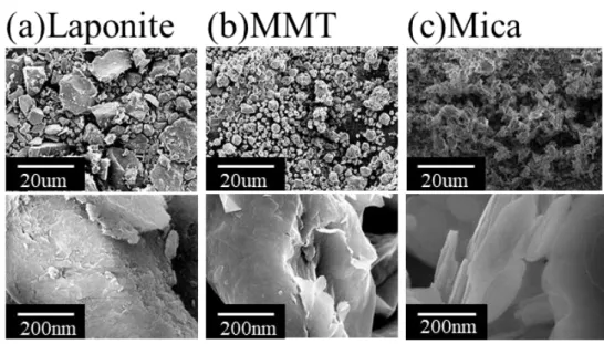 Figure 4.  掃描式電子顯微鏡(SEM)下，(a)Laponite、(b)MMT 及(c)Mica 不同倍 率下。 