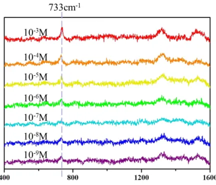 Figure 7.  使用製作的拉曼散射底板對 adenine 檢測拉曼散射，在 733cm -1 有明 顯的特徵峰。 